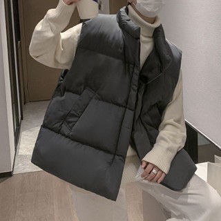 YLIE 羽絨服馬甲 馬甲背心 羽絨背心冬季加厚純色羽絨棉服馬甲男ins潮流寬松無袖外套情侶保暖棉背心