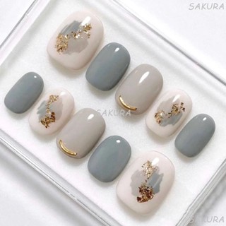 🎀48H出貨🎀手工穿戴甲簡約短款高階輕奢手工定製小眾美甲秋冬款ins金箔塗鴉