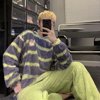 YLIE 男生睡衣 睡衣 長袖睡衣 睡衣男秋冬季法蘭絨套裝加厚珊瑚絨家居服加絨套頭保暖冬裝可外穿
