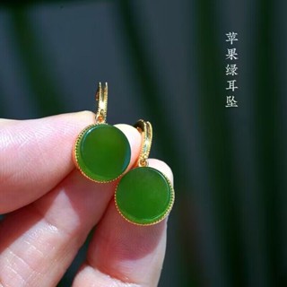 耳飾 耳環 天然和田玉碧玉耳環女銀古法金鑲玉蘋果綠耳飾耳墜耳圈送女友