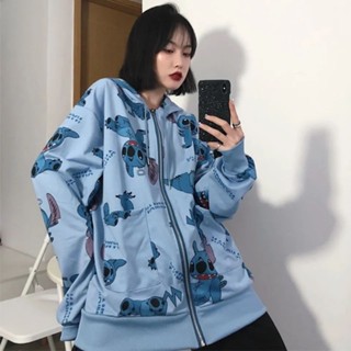 🚚臺灣出貨🚚 春秋外套女慵懶風韓版史迪仔印花學生寬松休閑情侶BF連帽開衫衛衣
