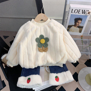 女童冬裝毛毛加絨衛衣冬季新款洋氣兒童寶寶保暖加厚毛絨上衣