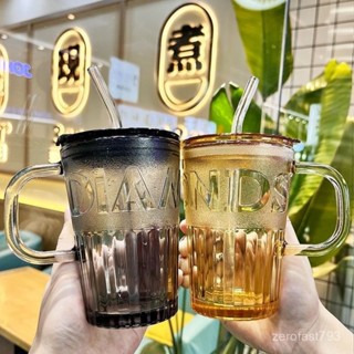 ✨好物甄選✨玻璃吸管高顔值水杯ins玻璃杯辦公室杯子牛奶家用防燙把手咖啡杯