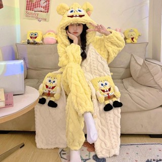 【桃園新品】珊瑚絨睡衣女秋冬季加厚加絨長袍海綿寶寶可愛款睡袍法蘭絨家居服 睡袍 居家服 保暖睡衣