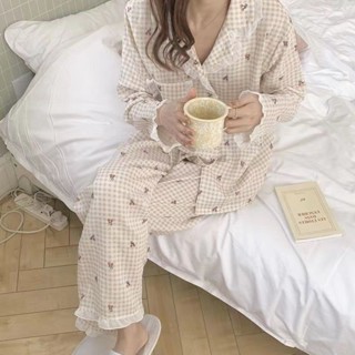 新店優惠 少女甜美 日係可愛 家居服 韓版ins睡衣女春秋公主花邊長袖外穿櫻桃格子開衫家居服兩件套裝