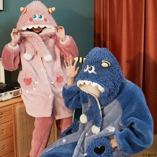 【桃園新品】冬季加絨加厚珊瑚絨小怪獸寬松家居服套裝情侶加長睡袍女睡唐老鴨 睡袍 居家服 保暖睡衣