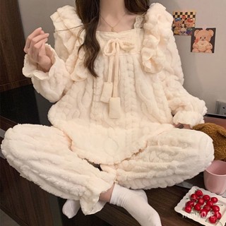 韓版可愛加絨加厚睡衣女秋冬季高階感珊瑚絨公主風長袖家居服套裝