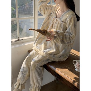 新店優惠 加絨加厚 保暖套裝 外穿 珊瑚絨睡衣女冬季甜美可愛蕾絲公主風加厚長褲少女家居服外出套裝