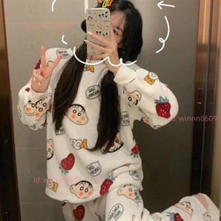 【臺灣出貨】冬天法蘭絨小新睡衣 居家服 蠟筆小新加厚睡衣套裝 女生長袖加厚加絨睡衣 套裝加厚睡衣