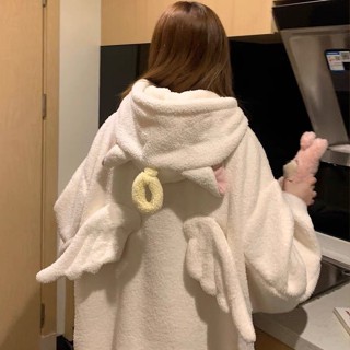 新店優惠 加絨加厚 冬季睡衣 可外穿 冬季可愛連帽珊瑚絨睡衣女秋冬款2024新款加厚睡袍家居服長款睡裙