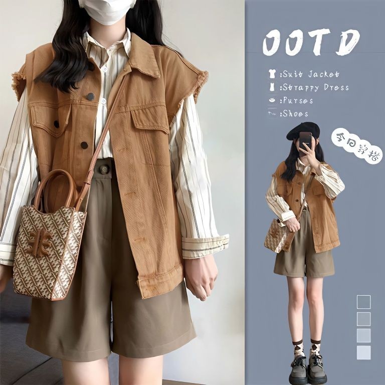 牛仔馬甲 開衫馬甲✨西部牛仔風格衣服套裝春秋外套條紋襯衫寬松百搭坎肩背心馬甲外套 馬甲外套 大碼牛仔馬甲