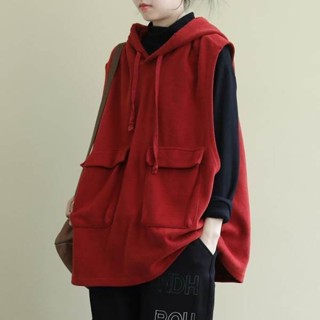 連帽馬甲衛衣女薄款春秋新款大碼寬松百搭無袖T恤上衣ins 韓版上衣 氣質上衣 顯瘦上衣 大尺碼女裝 設計感上衣 韓系穿搭