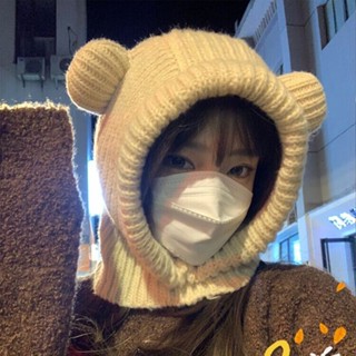 圍脖圍巾一體✨ 騎車保暖 可愛小熊耳朵毛線帽子女秋冬季百搭保暖雷鋒帽套頭圍脖一體針織帽 披肩連帽 防風保暖