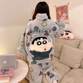 蠟筆小新珊瑚絨睡衣女士秋冬款卡通可愛加絨加厚款學生冬季家居服