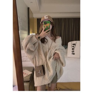 【大碼慵懶風毛衣女】法式V長袖V領毛衣加厚寬鬆外穿上衣慵懶復古風秋季麻花毛衣中長針織衫女大碼寬鬆毛衣