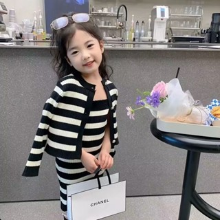 Hi❤baby女童套裝春秋冬新款秋季條紋針織裙寶寶韓版開衫外套長袖兩件套潮