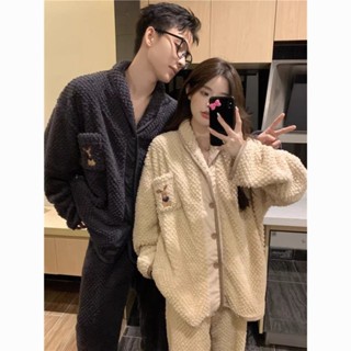 新店優惠 情侶睡衣 家居服套裝 加絨加厚 秋冬 情侶睡衣女2023年秋冬季翻領對襟卡通兔子刺繡保暖毛絨男士家居服