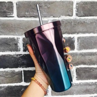 咖啡杯 韓版網紅簡約ins風漸變色吸管杯大人學生少女不銹鋼稜形保溫杯子