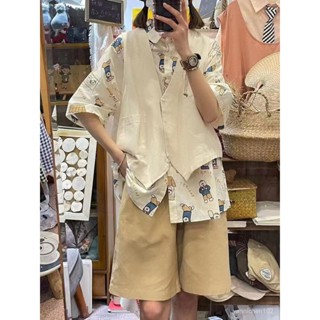 點心喵 森林系 日系森林系 日系 日系女裝 日系疊穿 【套裝\單件】2024春夏季韓版寬鬆工裝純色馬甲+印花短袖襯衣 X