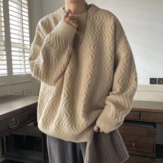 🔥cc精品小屋 毛衣 秋季上衣日系純色毛衣男慵懶風紋理高級寬鬆潮流設計感圓領針織衫