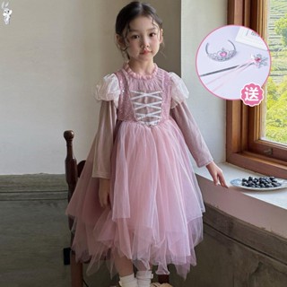 YFY秋冬女童樂佩公主綁帶網紗裙宮廷風絲絨斗篷連衣裙生日禮服
