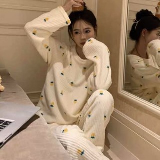 【唯家】小熊法蘭絨加厚長袖睡衣女秋冬季甜美保暖外穿韓版家居服時尚套裝