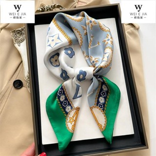 【唯家】春季款法式小絲巾 70*70cm模擬絲方巾 格紋小絲巾 綠色韓版百搭小方巾 領巾 搭配襯衫披肩 薄圍巾 多功能發