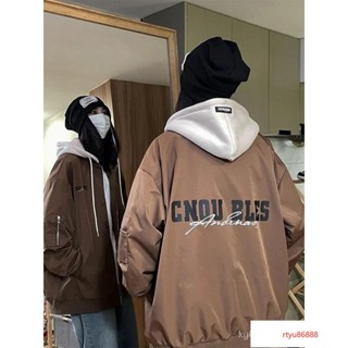 【唯家】春秋外套女美式複古假兩件連帽chic港風寬鬆棒球服設計感雙層外穿