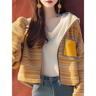 Meet.You.黃色拚接條紋拉鏈連帽外套女慵懶風小眾200斤上衣早秋季新款
