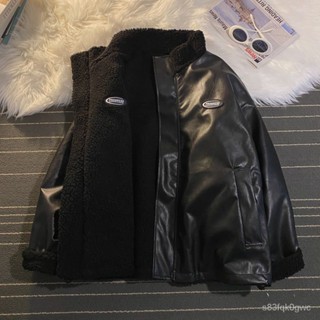 【Ashley】pu皮棉服男款2023痞帥羊羔絨雙麵穿棉衣潮牌寬鬆冬裝棉襖加厚外套 UFP4