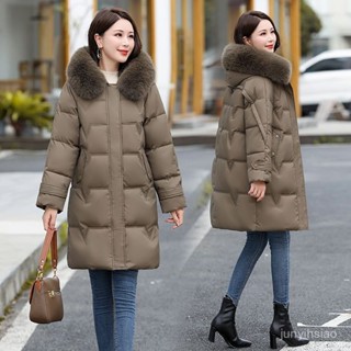 羽絨外套 新款羽絨服女中長版加厚毛領連帽寬鬆外套純色大碼時尚女裝 防寒 保暖羽絨服 白鴨絨外套女生1121 SHDJ