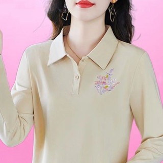 長袖T恤女春秋季翻領媽媽裝減齡刺繡上衣百搭新款洋氣polo衫時尚小衫T恤女
