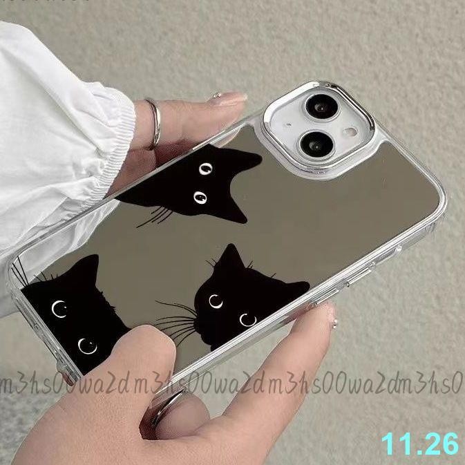 小黑貓16適用iPhone15Promax手機殼14鏡面XS銀框13蘋果12防摔殼11