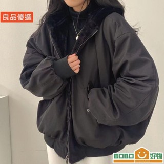BOB好物❤正韓外套 韓版韓國刷毛加厚兩面穿羔羊毛棉服女裝外【lb005】套冬季新款寬鬆連帽棉衣上衣 棒球外套女 羊毛外