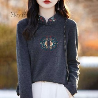 秋冬新款雙面德絨女士刺繡印花寬松顯瘦打底衫國風中式立領hnsua 內搭衫 打底衣 中國風上衣 旗袍上衣 盤扣上衣 長袖t