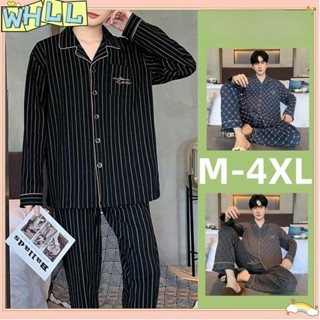 《限時特賣》睡衣 男 純棉100%全棉 M-4XL 秋季 開衫長袖長褲兩件式套裝 基礎款條紋格子印花 寬鬆大尺碼WHLL