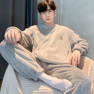 蝸居生活館🔆大尺碼睡衣 2024新款珊瑚絨睡衣男冬季加絨加厚圓領保暖青年可外穿家居服套裝 居家服男 珊瑚絨
