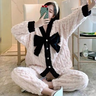 Lam 睡衣 居家服睡衣女冬天長袖寬松珊瑚絨卡通可愛保暖法蘭絨加厚加絨套裝家居服