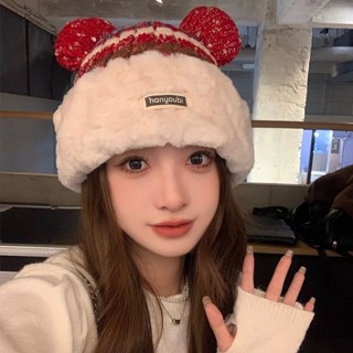 聖誕禮物✨ 聖誕帽子 毛絨帽 可愛鹿角帽 聖誕節 針織帽 卡通 韓版 保暖帽 冬季氛圍感紅色針織毛綫帽米奇頭可愛小熊毛絨