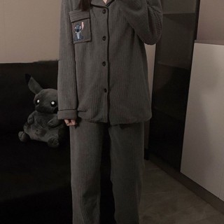 Lam 睡衣 居家服珊瑚絨睡衣女冬季史迪仔卡通網紅睡衣女加絨加厚少女法蘭絨家居服