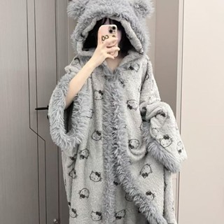 蝸居生活館🔆珊瑚絨睡衣 套裝 可愛HelloKitty冬季2024年新款珊瑚絨連帽睡袍加絨少女家居服套裝 睡袍 居家服