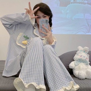 [💫桃園出貨💫]ins荷葉邊公主風睡衣女春秋季新款長袖褲甜美可愛格子家居服套裝