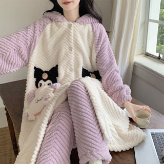 卡通庫洛米珊瑚絨睡衣女秋冬季連帽長款睡袍加絨加厚家居服兩件套