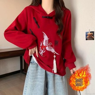 ❣超級優惠外套女 保暖外套 韓版外套 秋冬外套 中式國風盤扣連帽衛衣女秋冬大碼胖妹妹加絨加厚寬鬆顯瘦紅色上衣/