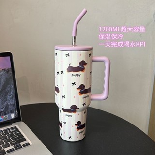 不鏽鋼保溫杯 保溫瓶🎀 紫色臘腸狗水杯1.2L大容量吸管杯隨行冰霸杯304不銹鋼保溫保冷杯