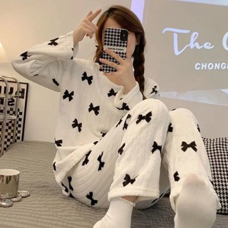 Lam 睡衣 居家服蝴蝶結睡衣女秋冬季套裝加絨加厚學生高顏值珊瑚絨保暖套裝家居服