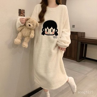 ✨限時5折起✨ 秋冬季加絨加厚睡衣女ins珊瑚絨卡通可愛法蘭絨中長款睡裙家居服