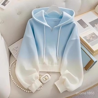 超實惠·買它👉特大碼胖MM藍色漸變寬鬆連帽 衛衣 大學T 帽T 女裝韓係氛圍感慵懶上衣早秋季 USPU