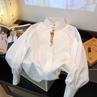 🚚臺灣出貨🚚 新中式春秋小立領漢服國風刺繡配馬面裙襯衫高階感長袖襯衣上衣女長袖襯衫 長袖上衣 寬鬆上衣 顯瘦上衣