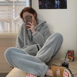 糖果屋~韓版韓國ins法蘭絨睡衣女冬加厚珊瑚絨保暖休閑開衫可外穿家居服套裝居家服